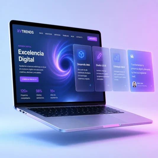 Portátil mostrando una página web a medida con su menú, su portada y sus tarjetas de servicios