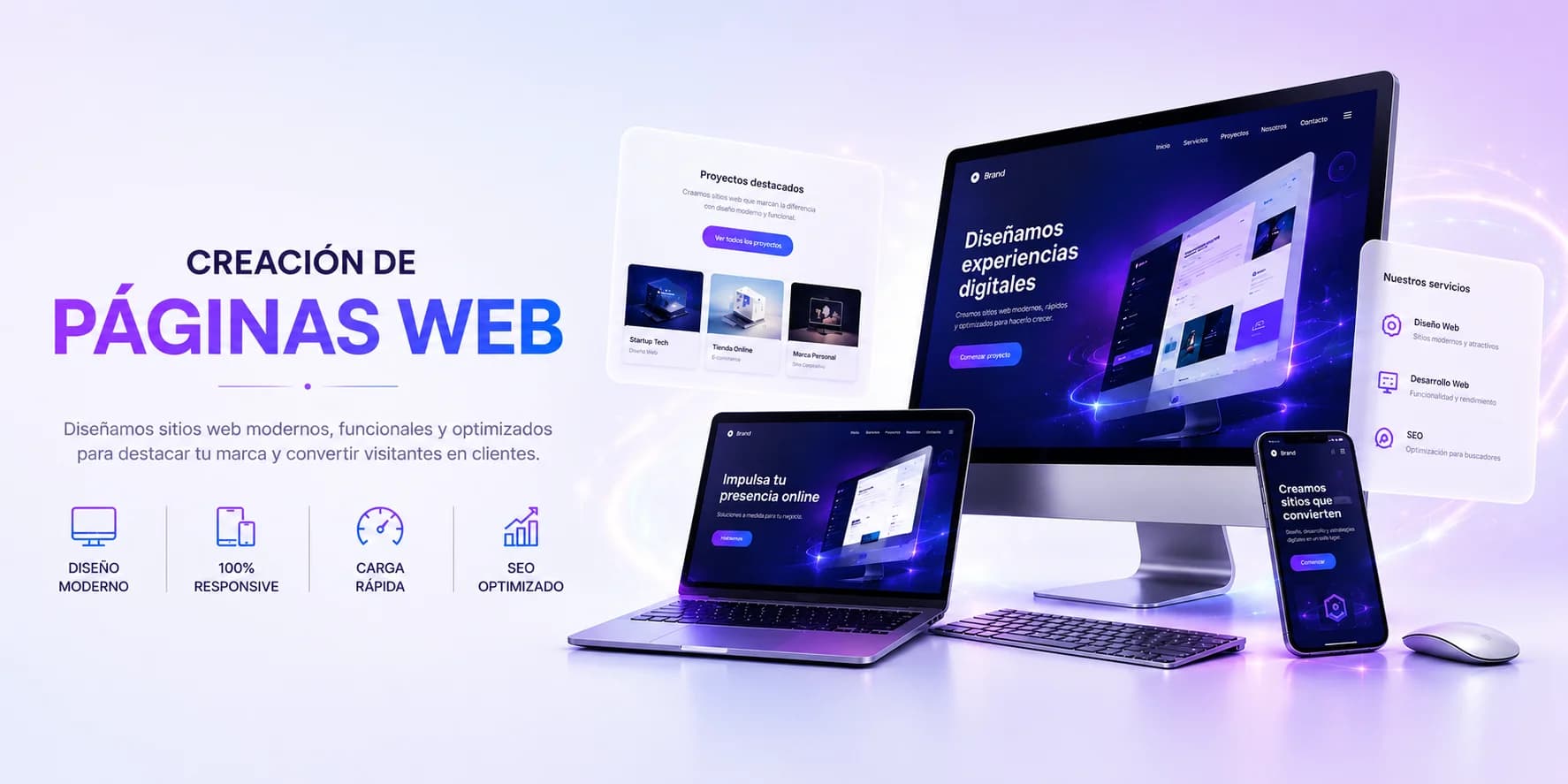 Una misma web vista a la vez en monitor, portátil y móvil, con sus secciones de proyectos y servicios