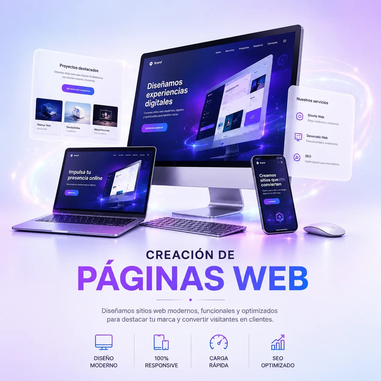 Una misma web vista a la vez en monitor, portátil y móvil, con sus secciones de proyectos y servicios