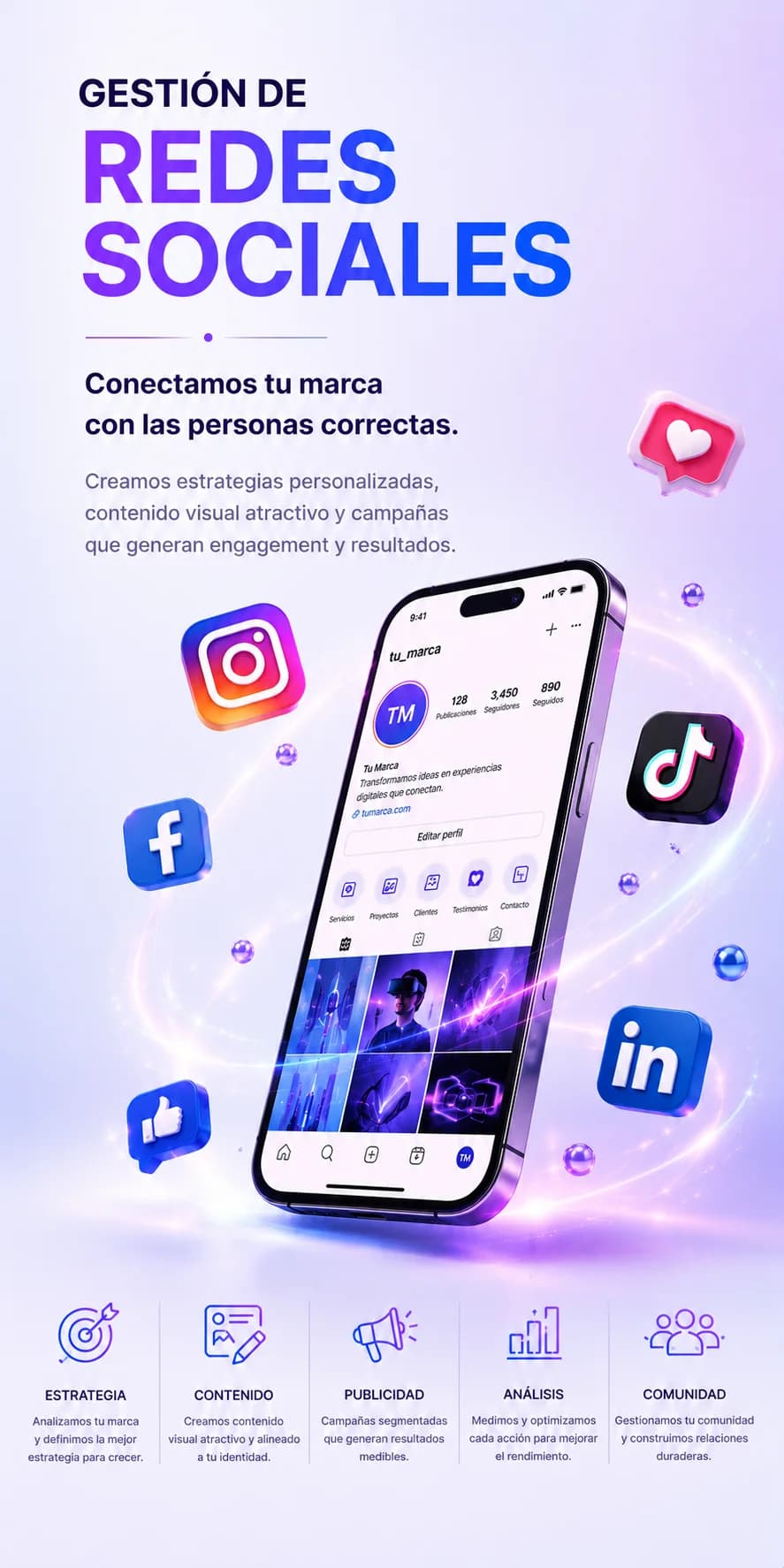Perfil de marca en el móvil con su cuadrícula de publicaciones, rodeado de los iconos de Instagram, TikTok, Facebook y LinkedIn