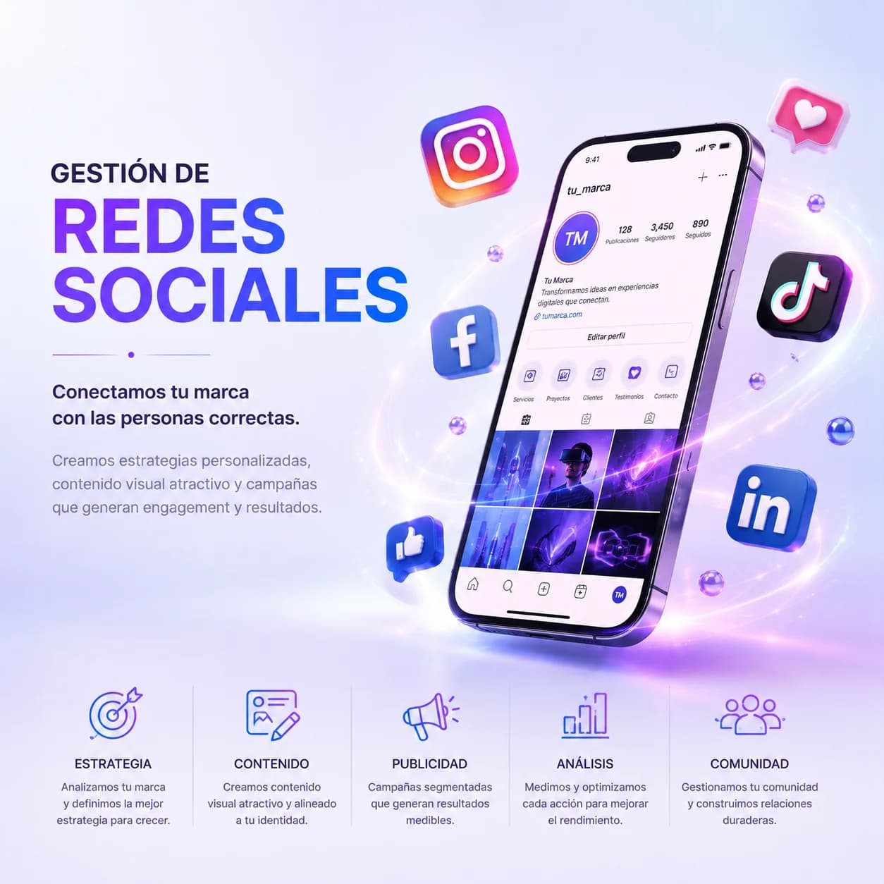 Perfil de marca en el móvil con su cuadrícula de publicaciones, rodeado de los iconos de Instagram, TikTok, Facebook y LinkedIn