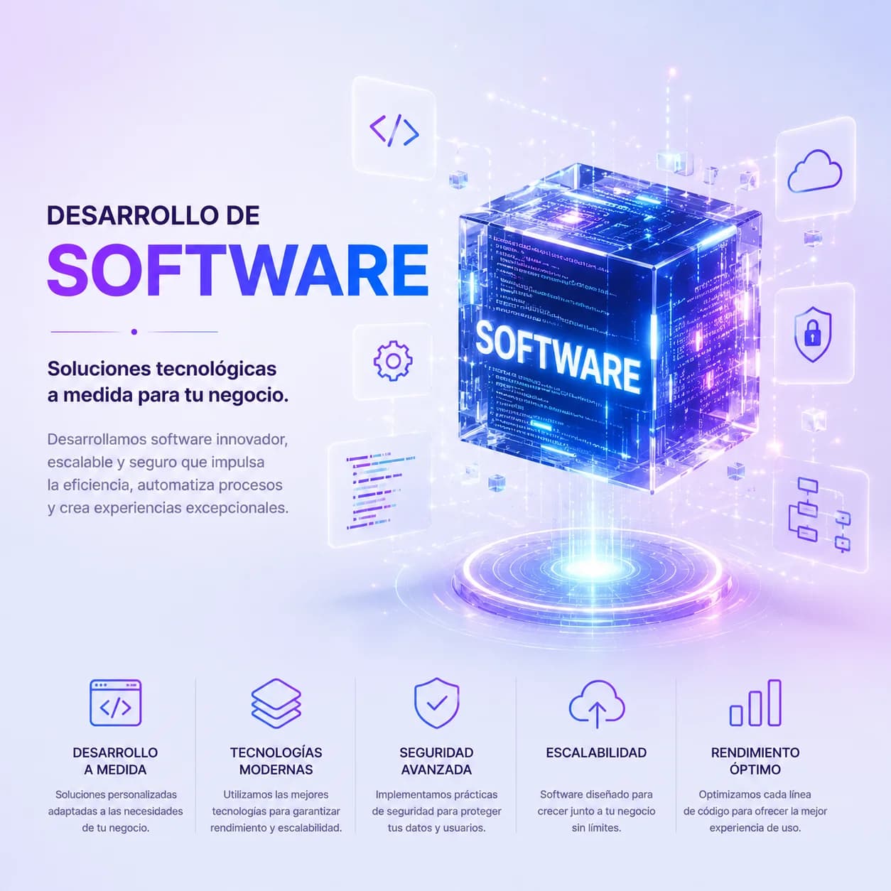 Cubo de código iluminado rodeado de los símbolos de seguridad, nube y escalabilidad