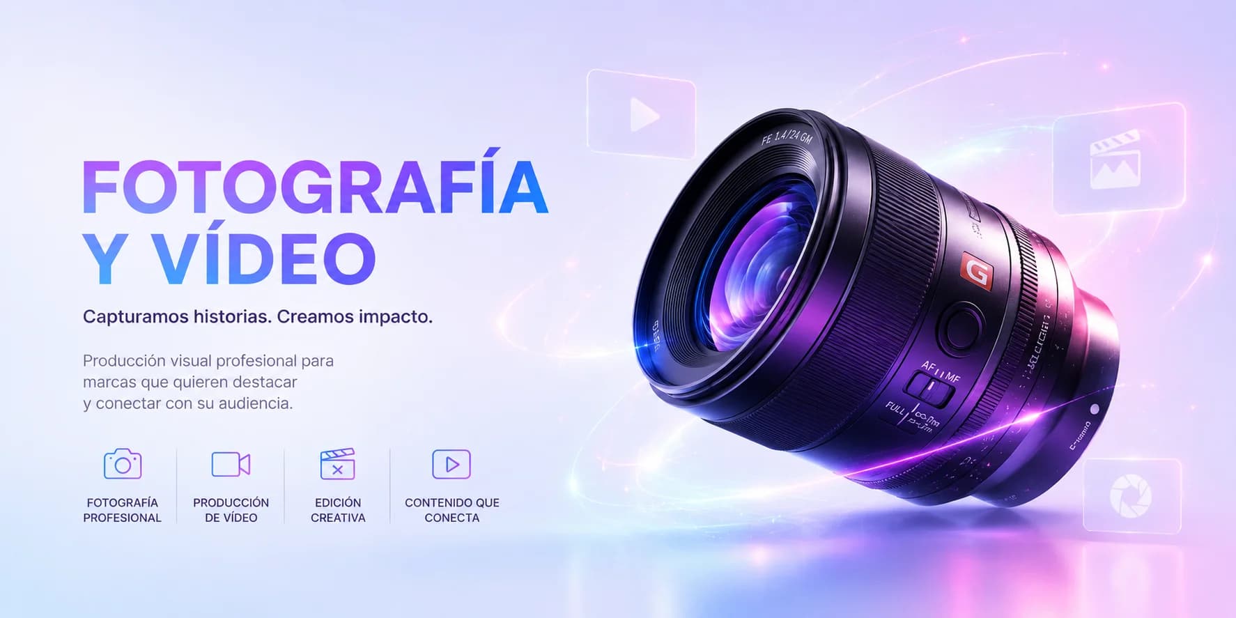 Objetivo de cámara profesional en primer plano con los iconos de reproducción y galería alrededor