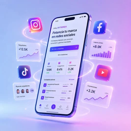 Móvil con un perfil de empresa y sus métricas de seguidores, rodeado de los iconos de Instagram, TikTok, Facebook y YouTube